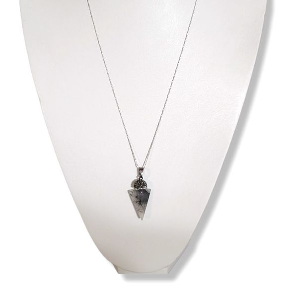 Rutilated Quartz Pointing Stone Arrow Gunmetal White Crystal accents Pendant 24" - Picture 6 of 6